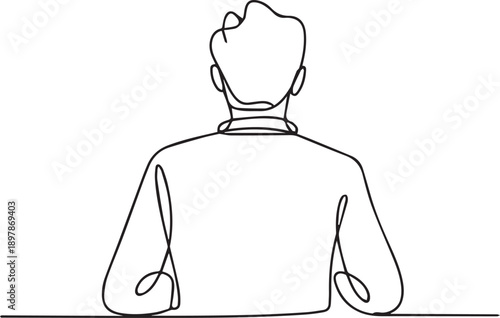 Man standing alone in a minimalist setting, viewed from behind in a simple line art style