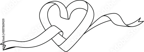 Outline drawing of a flowing ribbon gracefully shaped into a classic heart symbol perfect for valentine greeting cards or romantic concepts