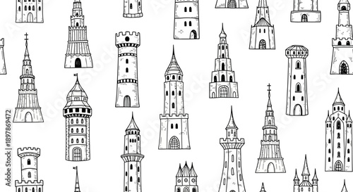 Artistic Design, Fantasy Towers, Whimsical Patterns, Black and White, Illustration, Creative Environment