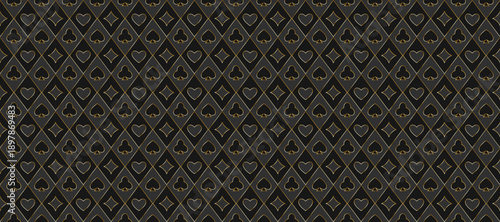 Dark grey playing cards pattern background. Retro poker or casino table theme wallpaper. Golden outline vintage spades, hearts, diamonds, clubs symbols backdrop. Vegas gambling concept texture. Vector