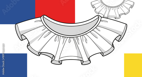 Illustration of a white ruffle neckline design, isolated with vibrant geometric shapes in red, blue, and yellow background