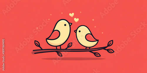 Minimal line art lovebirds perched on a heart branch