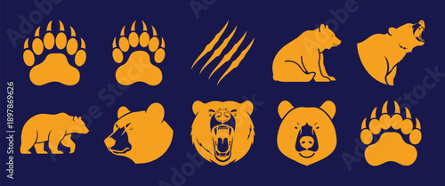 A versatile collection of golden bear silhouettes and icons on a deep blue background Vector