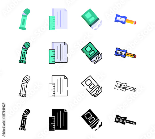 Workspace school and office stationery icon collection. Simple vectors