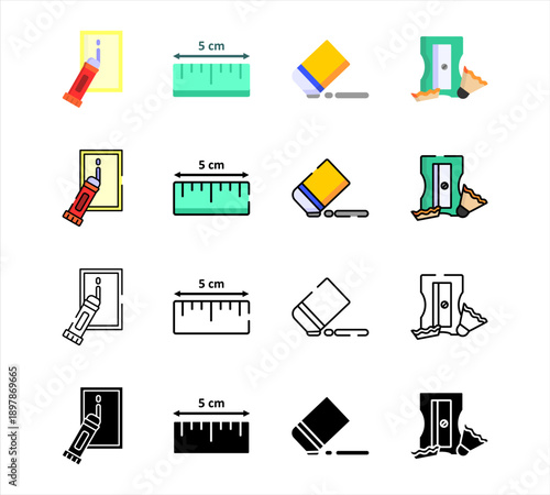 Office writing and correction icons set. Desk stationery vector pack