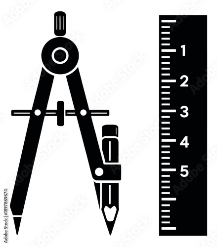 Simple graphic engineering tools set featuring a compass and a ruler for geometry and design projects