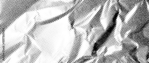 Aged halftone wrinkled foil texture. Dotted crumpled metallic overlay. Rough creased bitmap background. Pixelated creasy surface in comic pop art style. Vector grain cartoon gritty paper wallpaper