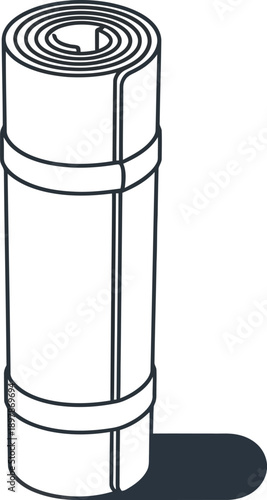 Isometric line art icon illustrating a tightly rolled camping or yoga mat secured with two simple straps standing upright on a white background.