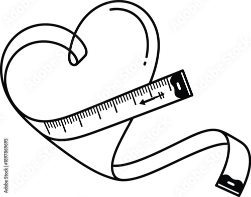 Simple black and white line art illustration depicting a tailor’s measuring tape creatively wrapped around to form the distinct shape of a perfect heart symbol