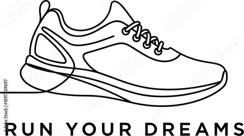 Minimalist continuous line art drawing of a modern athletic running shoe accompanied by an inspirational motivational typography quote for fitness enthusiasts.