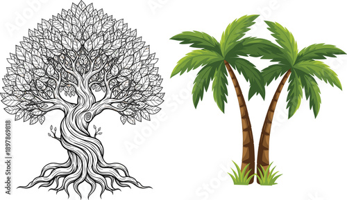Set of artistic tree illustrations featuring a detailed black and white gnarled tree and vibrant tropical palm trees isolated on grey background