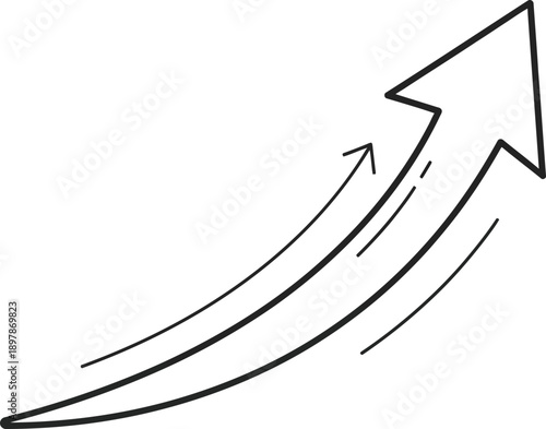 Simple hand drawn sketch illustration of a thick black upward curving arrow indicating growth progress and rising momentum on a clean white background.