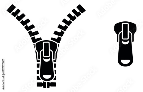 Graphic style zipper illustration set featuring an unzipped fastener and a closed puller for clothing and design elements