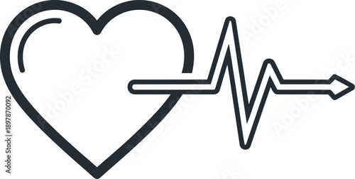 Simple line art icon depicting a heart symbol connected to an electrocardiogram waveform with an arrow indicating forward movement representing health and vitality.