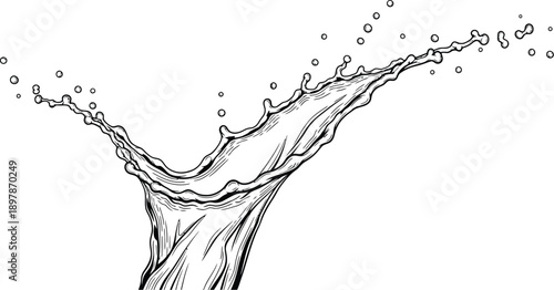 Stylized black and white ink drawing captures the dynamic upward splash of liquid frozen in time with individual droplets scattering across the white background space.