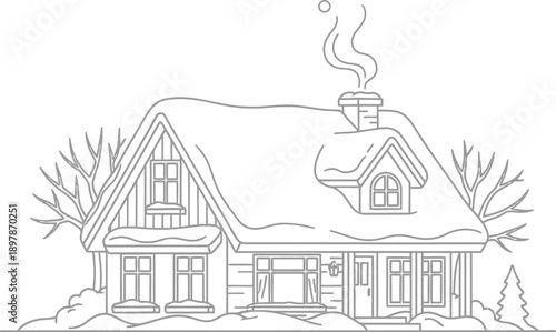 Charming line art drawing depicts a cozy winter cabin nestled amidst bare trees with smoke elegantly rising from the chimney.