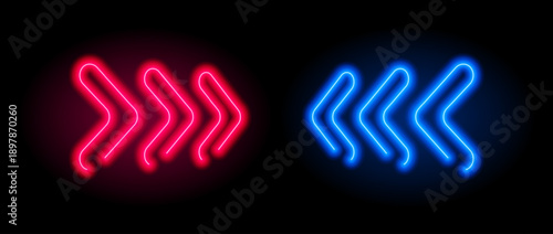 Blue and red neon arrow elements. Glowing led sign in forward direction. Shine tube lamps in arrowhead shape. Bright luminous fluorescent pointer effect for banner, poster, logo. Vector neon led light