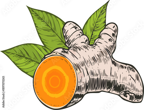 Hand drawn engraving style vector illustration of a turmeric root with slice