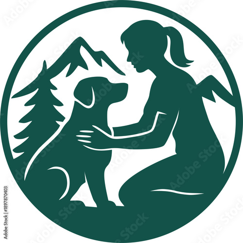 illustration of a woman with her dog outdoors, green