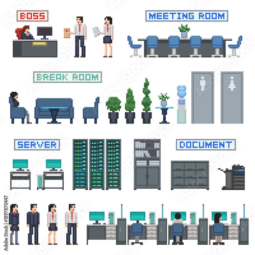 pixel art isolated background of office interior furniture asset