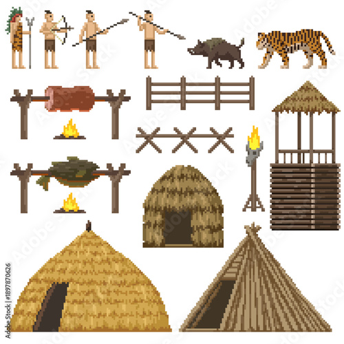 pixel art isolated background of stone age jungle tribe
