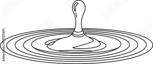 Simple black and white line art illustration capturing the dynamic moment of a single water droplet rebounding from a liquid surface creating perfect concentric ripples.