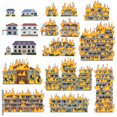 pixel art isolated background of city building conflagration burn