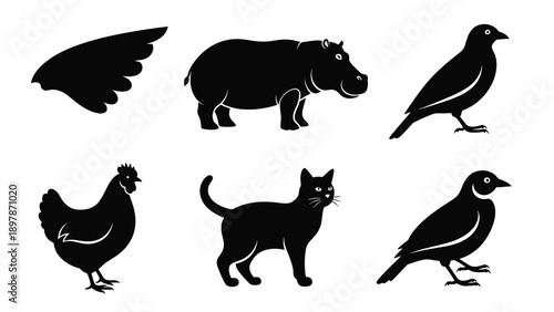 nimal Silhouette Vector Set, Hippopotamus, Domestic Cat, Chicken Hen, and Wild Bird Icons, Nature Wildlife Graphics, Flying Wing and Crow Poses