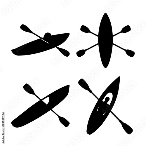 Collection of black kayak and paddle silhouettes in various orientations for water sports