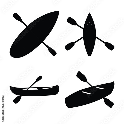 Collection of simple black silhouette icons depicting various kayaks and canoes with paddles
