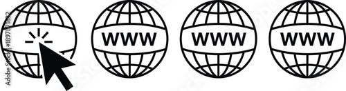 Four black globe icons with www on white background