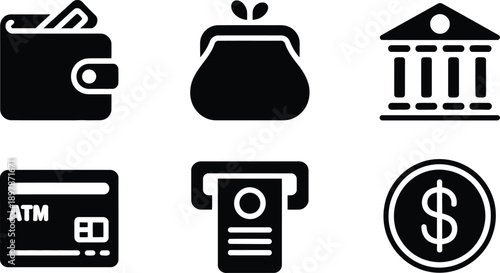 Financial silhouette icon collection including wallet coin purse ATM card bank building and currency symbols clean vector design set