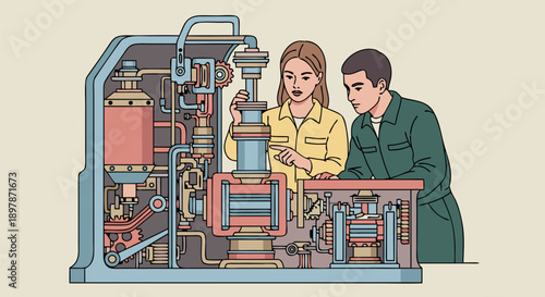 Engineers Examining Complex Machinery in a Detailed Vector Illustration