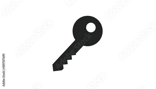Monochrome depiction of a standard, stylized key on a white background