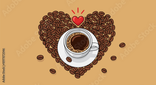 Heart shape made of coffee beans with cup of hot coffee and a small red heart on top, vector illustration