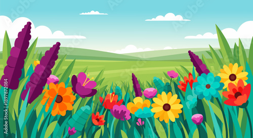 Colorful Meadow with Wildflowers and Rolling Hills - A Vibrant Vector Illustration for Spring and Summer
