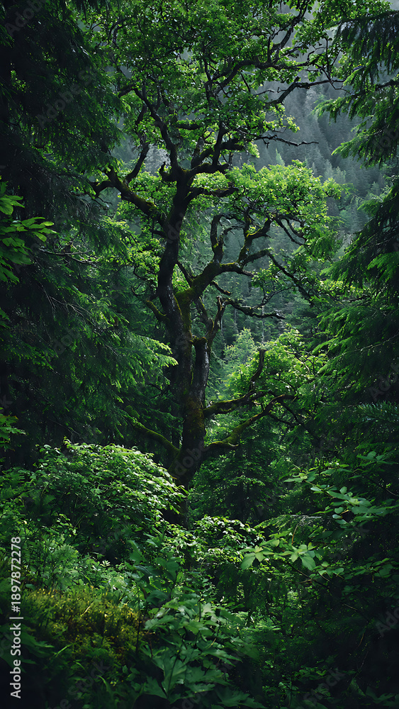 Fototapeta premium Green Tree Forest Landscape, Natural Woodland Environment Background