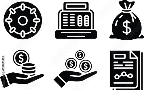 Financial silhouette icon collection including vault door cash register money bag coins in hand and finance documents vector design set