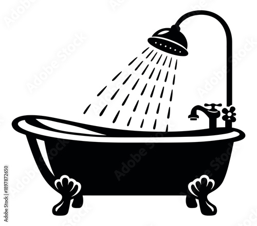 Graphic illustration of a clawfoot bathtub and shower depicting water spraying for bathroom concepts