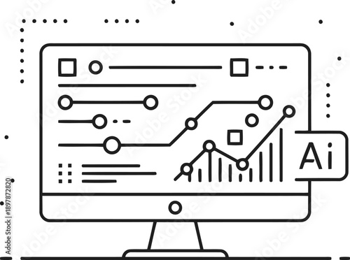 A black and white line drawing of a computer monitor displaying a graph and chart with the letters ai on the screen