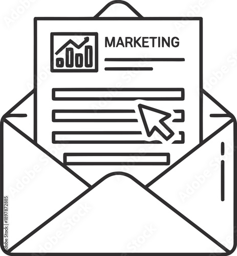 Black and white line art illustration of an envelope with a marketing email
