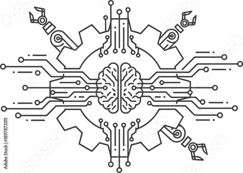 A black and white illustration of a brain with circuit board and robotic elements