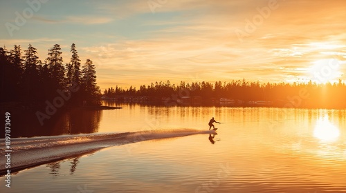 wakeboarder. Wakeboarder gliding on a calm lake at sunset with golden reflections. inspiring travel planning, gardening catalogs, designed for home decor and floral branding, used by recruiters.