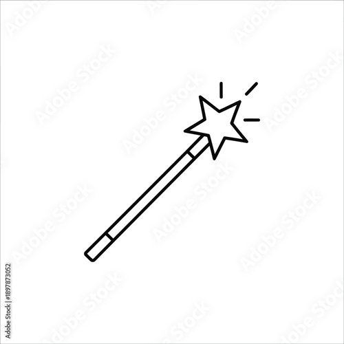 A black line drawing of a magic wand with a star on the end