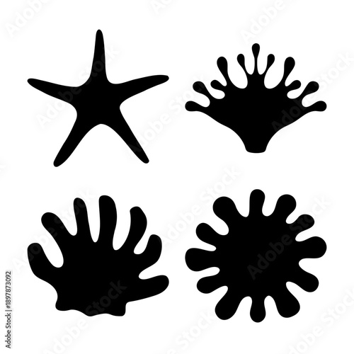 Diverse collection of marine life and abstract shapes as simple black silhouette vector elements