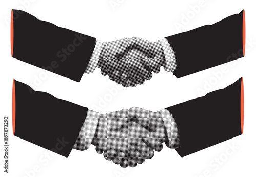 Trendy retro halftone collage with human hands shaking. Halftone collage element. Vector illustration.