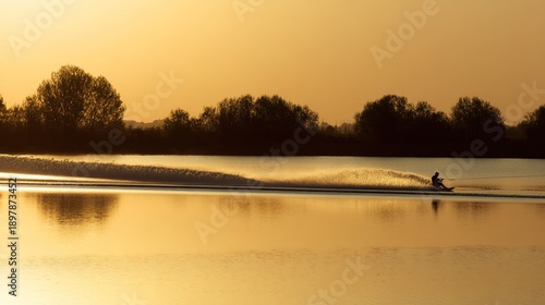 wakeboarder. Wakeboarder gliding on a calm lake at sunset with golden reflections. inspiring travel planning, gardening catalogs, designed for home decor and floral branding, used by recruiters.