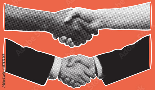 Trendy retro halftone collage with human hands shaking. Halftone collage element. Vector illustration.