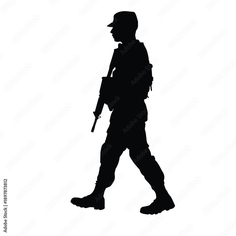 Fototapeta premium Silhouette of a Soldier in Full Uniform Carrying a Rifle and Walking in Profile View for Military Tactical Operation or War Concept Illustration