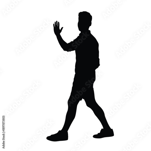 Silhouette of a Man Walking and Waving His Hand to Say Hello or Goodbye Isolated on White Background Expressing Friendly Communication Gesture